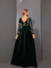 Mgiacyv V-Neck Glamorous Sequin Elastic Waisted Long Sleeve Velvet Dress